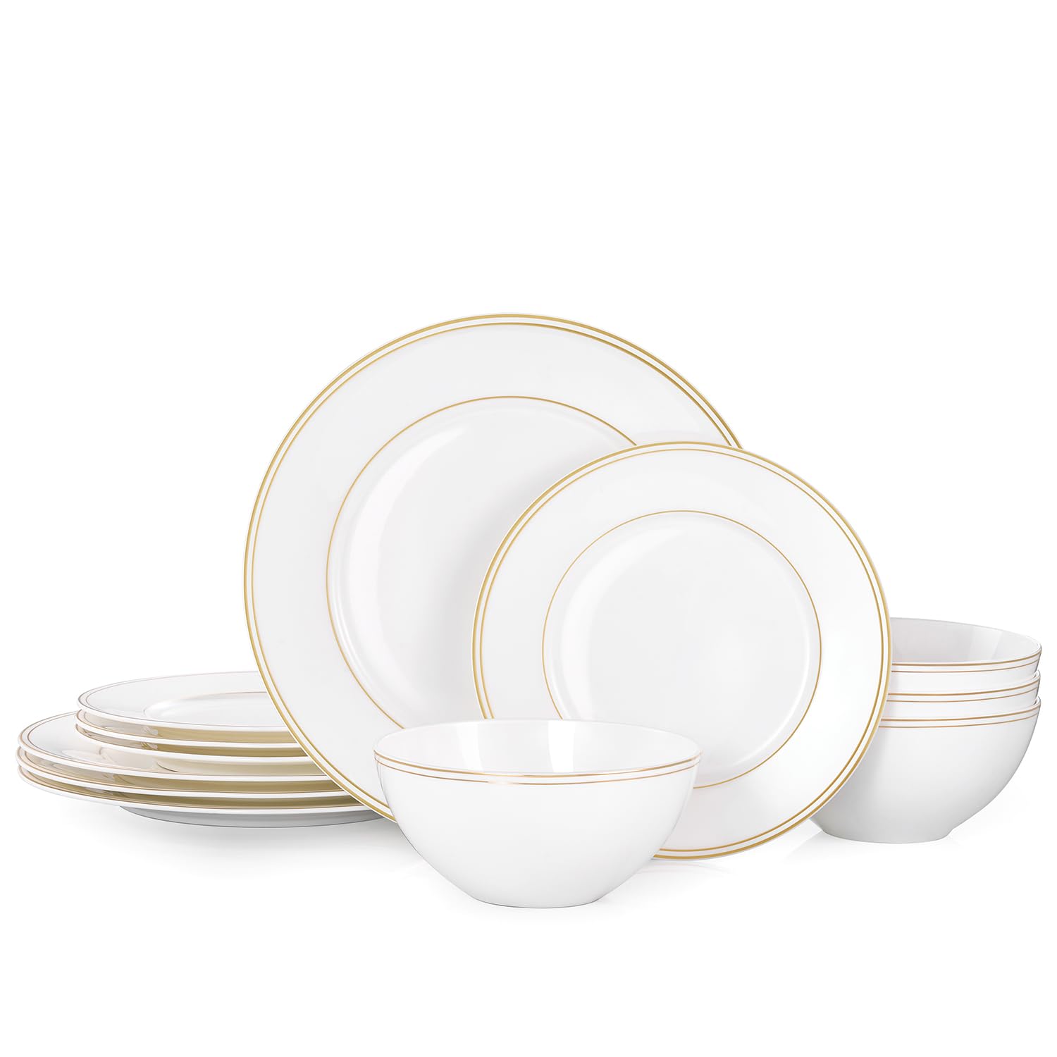 Photo 1 of KINGSTONE Bone China Dinnerware Set, 12-Piece Dishes Set for 4, Elegant Gold Trim Ceramic Plates & Bowls, Lightweight Translucent Dishware for Home Dining, Festival Banquet, Party & Gift( 2 small plates are missing) 