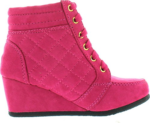 Link Peggy-63K Children Girl's Wedge Heel Lace Up Diamond Shape Quilted Sneakers,Fuchsia,22
