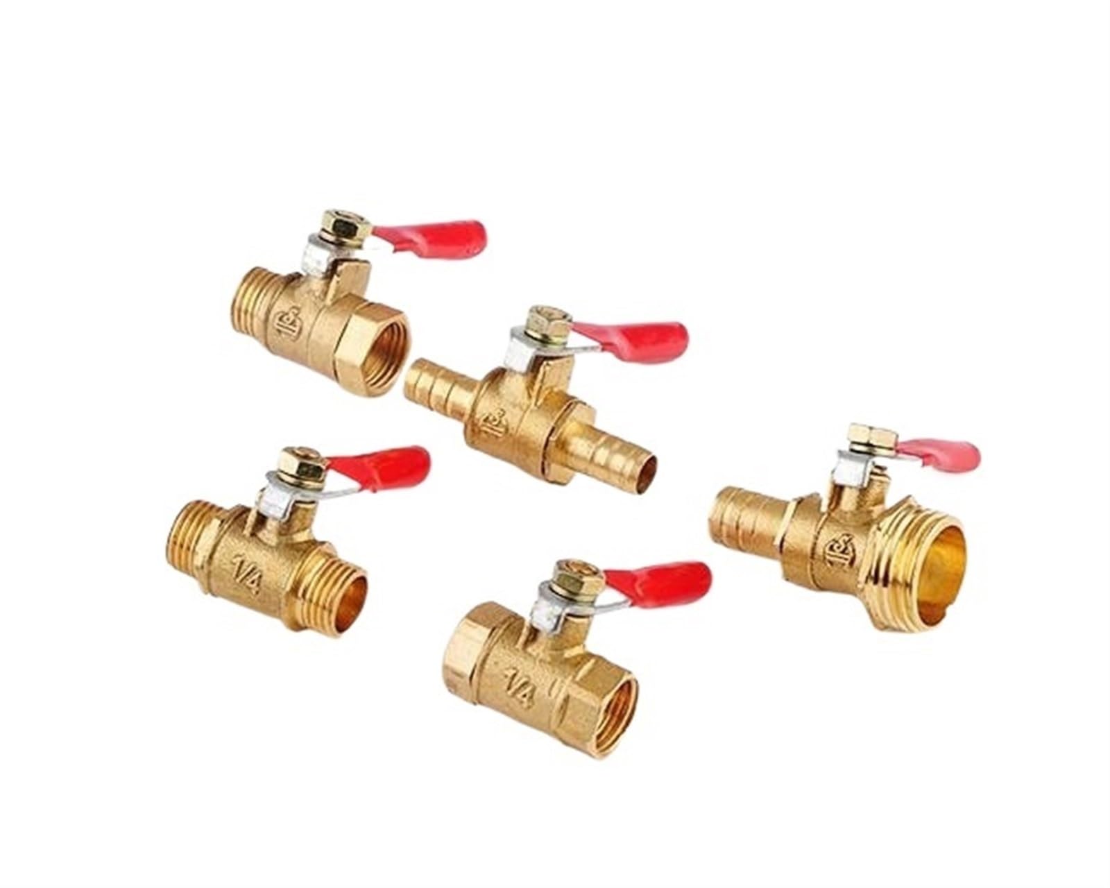 Brass Ball Valve， Brass Ball Valve NG BSP Red Handle Threaded Hose Barb Fuel Water Air 5pcs Multiple Sizes(1l2 Female Male)