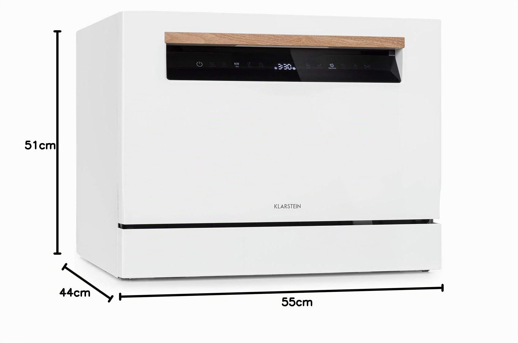 Klarstein Lagoona Mini lavavajillas de libre instalación, Potencia: 1380 W, 6 servicios estándar, Consumo de agua: 6,5 L, 7 programas más secado extra, 49 dB, panel táctil negro, blanco