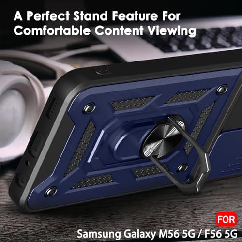 Image of TheGiftKart Tough Armor Bumper Back Cover Case for Samsung Galaxy M56 5G / F56 5G | Kickstand & Ring Holder | 360 Degree Protection Cover for Samsung M56 / F56 (PC & TPU, Sliding Camera Cover, Blue)