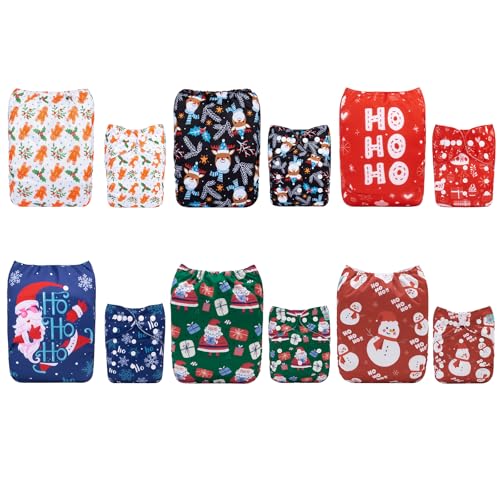 Image of ALVABABY Christmas Baby Cloth Diaper 6 Pack with 12 Inserts One Size Cloth Diaper Covers Adjustable Washable Reusable for Baby Girls and Boys