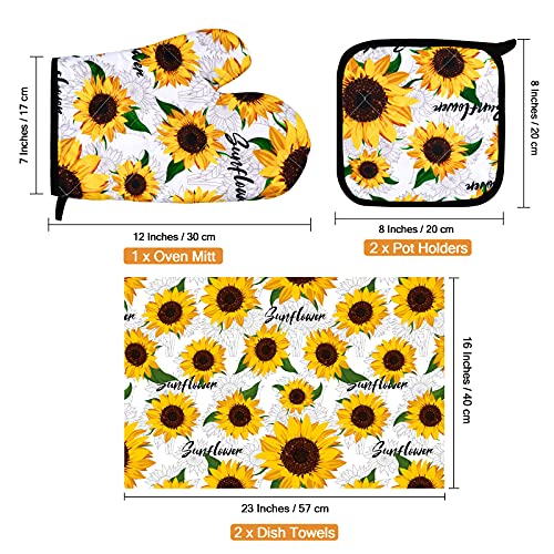 Ruodon 5 Pack Yellow Sunflower Dish Towels Oven Mitts And Potholders Gloves-Oven Mitts Sunflower Dish Cloths Linen Set For Home Cleaning Daily Kitchen #TOP1