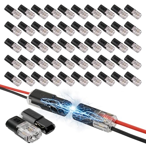 50 PCS Double Wire Plug in Connector - Low Voltage Quick Electrical Connectors - 2 Pin Solderless Wiring Splice Connector - Snap Wire Clip Connectors with Locking Buckle for LED Strip Automotive
