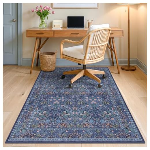 36"x48" Boho Dark Blue Office Desk Chair Mat for Hardwood Floor, Under Desk Rug with Non-Slip Rubber Backing, Small Computer Chair Rug for Heavy Duty Office Chair, Machine Washable (3x4 Navy Blue)