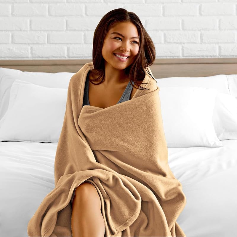 Image of 220 GSM Polar Fleece Double Bed Lightweight Plain Blanket for All Season Travel & Camping, 90x90Inch, Beige