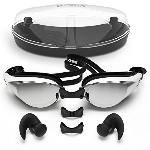Zoma Swimming Goggles with Anti Fog Technology - 3 Piece Adjustable Nose Bridge for Perfect Comfortable Fit for Adults and Kids - Ergonomic Silicone Earplugs Included (Black)