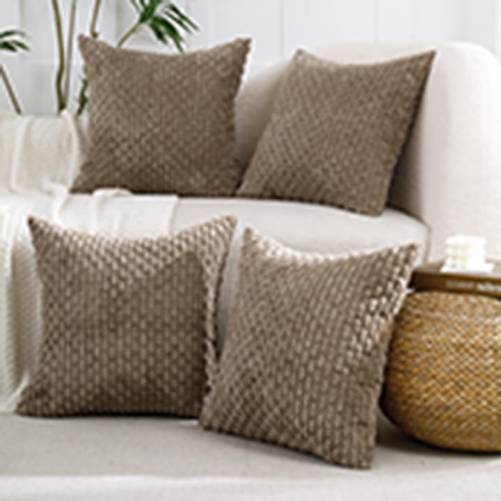 VAKADO Couch Throw Pillow Covers Decorative 18x18 Set of 4 Boho Rustic Corduroy Cushion Case Farmhouse Decor Square for Home Living Room Bed Sofa,Tan