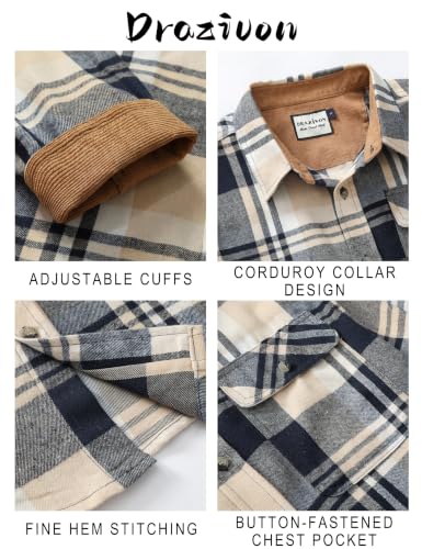 Drazivon Men's Button Down Long Sleeve Cotton Flannel Shirt Plaid Apricot L - image 4