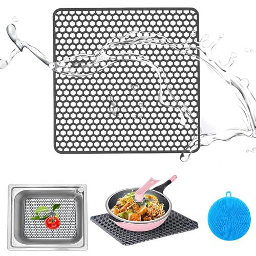 Protector Fregadero,Alfombrilla Fregadero Cocina Material de Silicona,Protector Fregadero Cocina para Fregadero de Acero Inoxidable Porcelana para Proteger la Pila (Gris oscuro, 34.5 x 34.5 x 1cm)