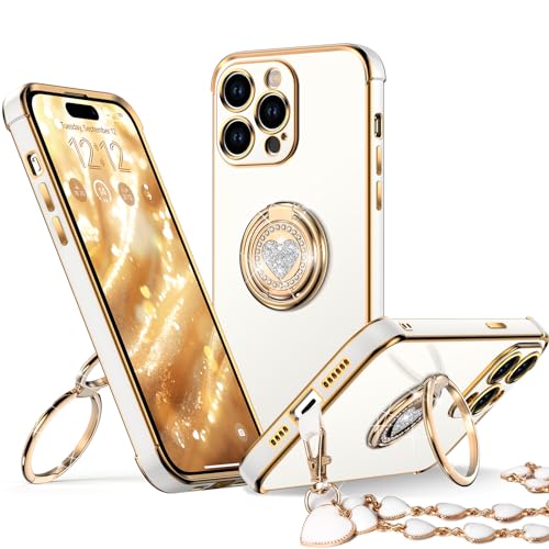 Image of XYZ for iPhone 14 Pro Back Cover Case with Stand, Phone Case with Double Ring Kickstand, for Girls Women, Luxury Cute Bling Protective Phone Cover Case for iPhone 14 Pro, White | Double Ring Holder, Cute Love-Heart, Phone Chain Wristlet, Wrist Strap, Women Girls Bling Luxury Protective Case, White