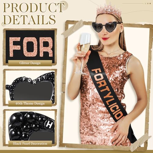 3 Pcs 40th/ 50th Birthday Decorations for Women, 40th/ 50th Birthday Sash and Crown Tiara and Sunglasses(Rose Gold,Fortylicious)4