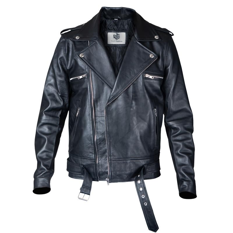 TLC leather biker jacket men - Black men's biker jacket with Notch Lapel Collar and Zipper Cuff