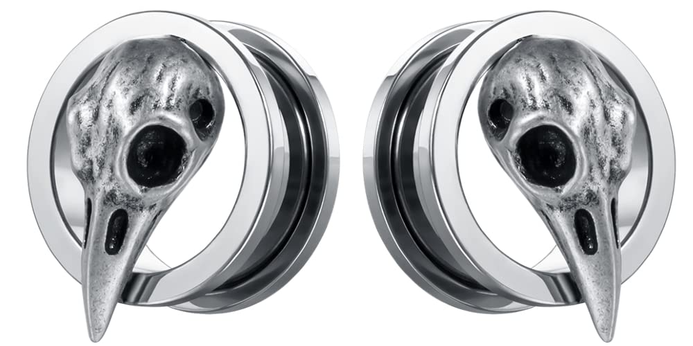 SoScene raven skull screw back plugs ear gauges stainless steel