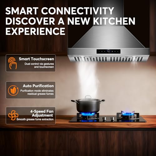 Image of 30 Inch Wall Mount Range Hood 1200 CFM, 4-Speed Smart Kitchen Range Hood 30 Inch with Touch Control & Gesture Sensing, 1500 Lumens LED Lights