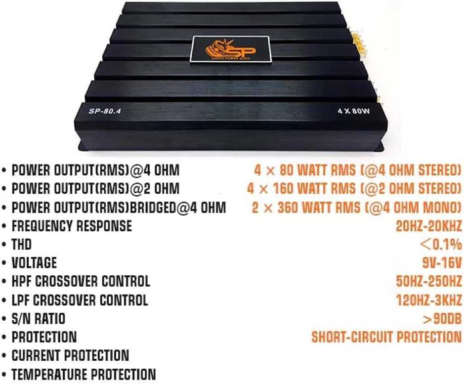 KIT SET PER SP AUDIO SP-80.4D 1 amplificatore nero 4 canali classe d 4 x 160 watt rms a 2 ohm spl per bagagliaio cofano auto, 1 pezzo