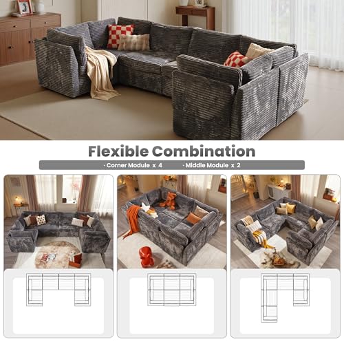 Image of ovios Modular Sectional Sofa Couch with U-Shape Chaises Convertible, Comfy Plush Corduroy Cloud Couches, Modern Luxury Deep Seat Sofas Set for Living Room, 6-Seater, Grey