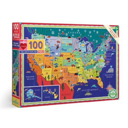 eeBoo This Land is Your Land 100 Piece Children's Puzzle, 27" x 18" USA Map