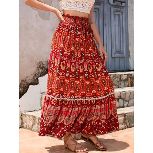 Lu's Chic Women's Long Skirt Pleated High Waisted Beach Ruffle Gypsy Spring Stretch Pull On Flowy Elastic Fashion4