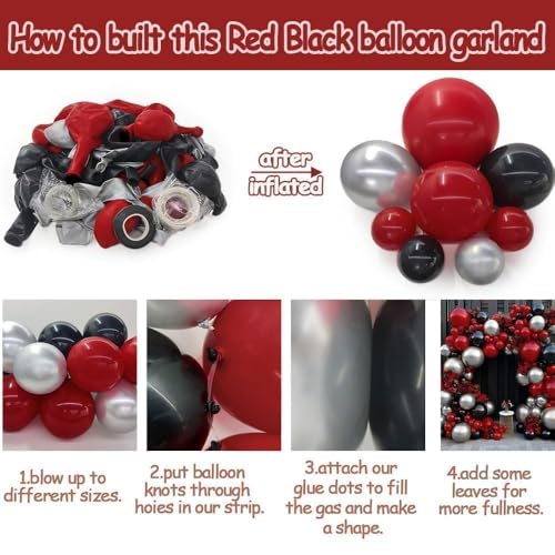 Image of Red Black Balloon Arch, Double Stuffed Dark Ruby Red Black Silver Balloon Garland Kit Burgundy Maroon Balloons for Birthday Wedding Valentines Day Baby Shower Engagement Graduation Party Decor