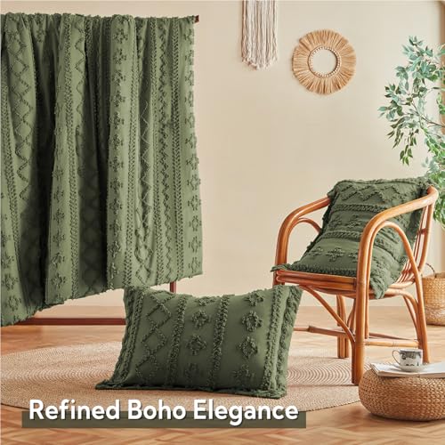 Image of MR&HM Olive Green Boho Comforter Set Queen, Tufted Boho Bedding Set, Farmhouse Shabby Chic Bed in a Bag with 1 Comforter, 2 Pillow Shams, 2 Pillowcases, 1 Flat Sheet, 1 Fitted Sheet for All Seasons