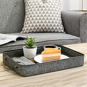 MyGift Rustic Silver Galvanized Metal Large Serving Tray with Handles and Solid Wood Base, Decorative Farmhouse Tray Decor MyGift Rustic Silver Galvanized Metal Large Serving Tray with Handles and Solid Wood Base Decorative Farmhouse Tray Decor