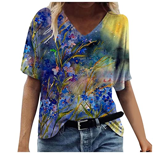 SHITOUJI Kurzarm Damen T-Shirt Bluse Oberteile Vintage Bunte Drucken Motiv Lose Casual Tunika Tops Basic Tshirt Hemdbluse V-Ausschnitt Bedruckt Kurzarmshirt Frühling Sommer Frauen Tee Tops Oversize Cover