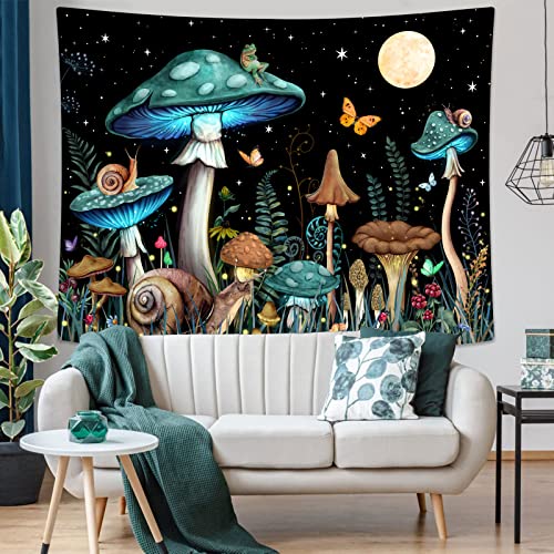 Zussun Teal Mushroom Tapestry Moon Star Tapestries For Bedroom Aesthetic Starry Night Green Plant Tapastrys Wall Hanging Butterfly Snail Frog Wall Tapestry For Living Room Dorm (Green, 80" X 60") #TOP4