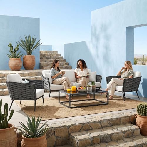 Image of OUTLIVING Outdoor Rope Sofa Set | Balcony Sofa | Patio Conversation Sets | Braided Rope Garden Sofa Set and Center Table (6 Seater-Grey-White)