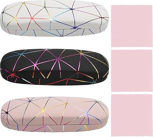 UOCAI Lot de 3 étuis à lunettes rigides multicolores Pour femme Coque rigide Portable Personnalisable Avec chiffon de nettoyage pour lunettes de soleil