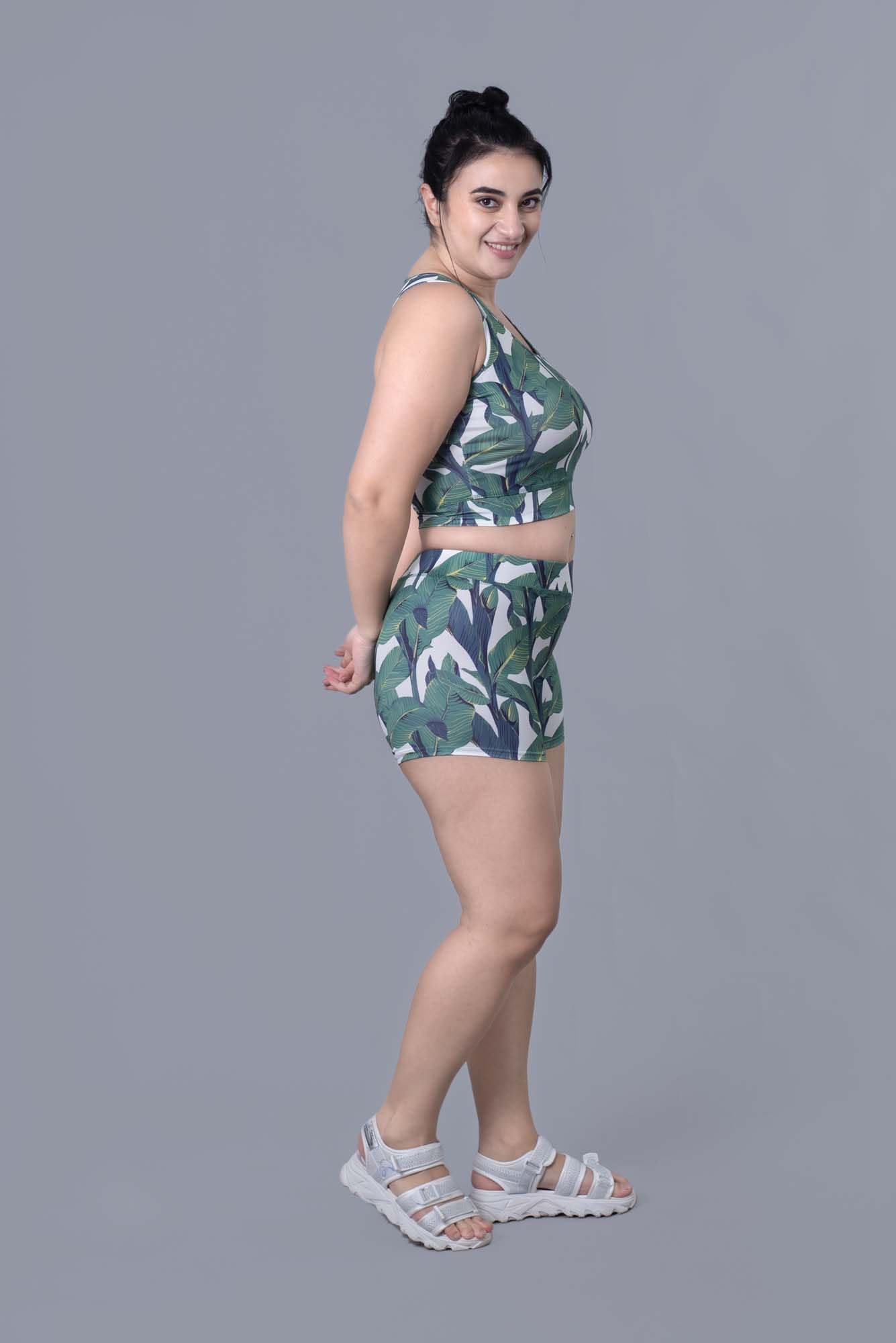 Keepfit Green Round Neck Sleeveless`Tropical Printed Plus Size Swim Set for Women & Girls |Swimming Suit for Women 3