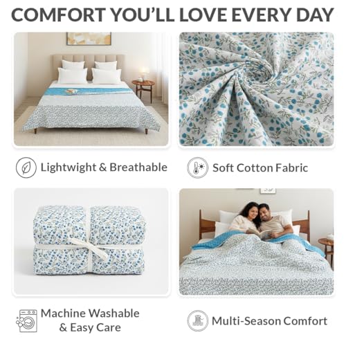 Image of HOMEMONDE 100% Cotton Reversible Dohar Double Bed Size | AC Blanket Comforter | Soft Lightweight Bed Blanket Quilt (84 x 94 Inch, Turquoise & White, Pack of 1)