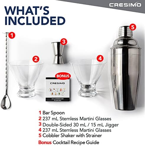 750mL Cocktail Shaker Set: 5pc Cocktail Making Set w/ Built-in Cocktail Strainer, 2 Martini Glasses, Jigger, Bar Spoon & Cocktail Kit Book - Stainless Steel Cocktail Set w/ Cocktail Shakers - Cresimo