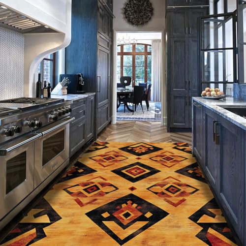 Tapis lavable damier orange à poil ras et dos antidérapant stable