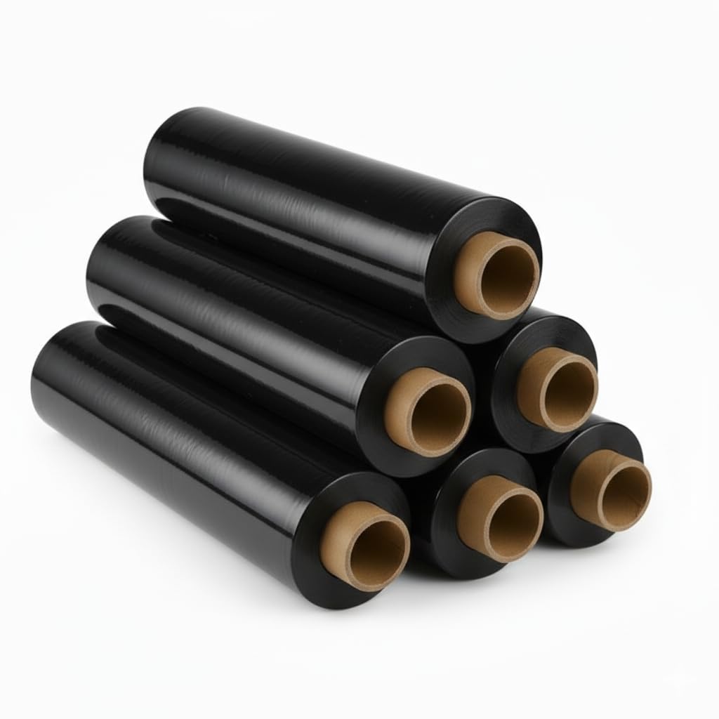 Tezraftaar® 12 x Pallet Wrap Heavy Duty Black Shrink Stretch Film 500mm x 250m 25mu Non Extended Core Tear Resistance for Industrial Use Logistics Sofa Furniture House Moving Packaging