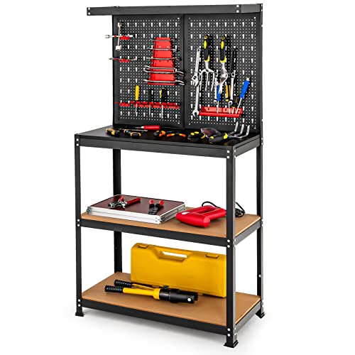 GYMAX Werkbank mit Lochwand, robuster Werkzeugbank mit 2 offenen Regalen & 13 Zubehörteile zum Aufhängen, Werktisch, Arbeitstisch für Garage &...