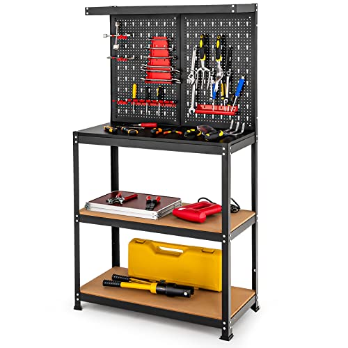 Goplus Work Bench, 32' x 16' Work Table with Pegboard, 14 Hanging Accessories, 2 Open Shelves, Heavy Duty Steel Tool Bench, Workbench for Garage Home Workshop