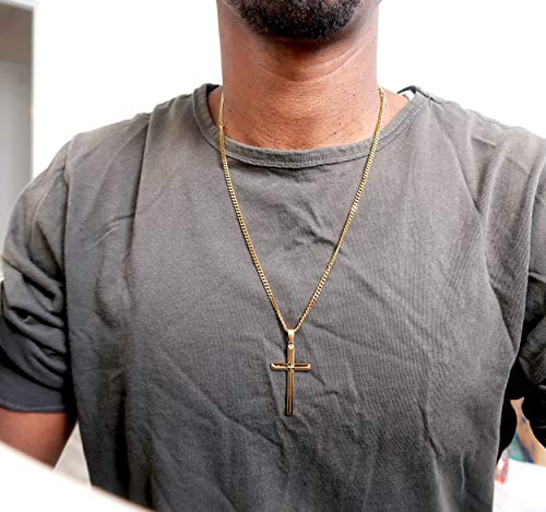 18K Gold Chain Style Cross Pendant Necklace Solid Clasp for Men, Husband Thin for Charms Miami Cuban Link Diamond Cut Religious Beveled Edge3