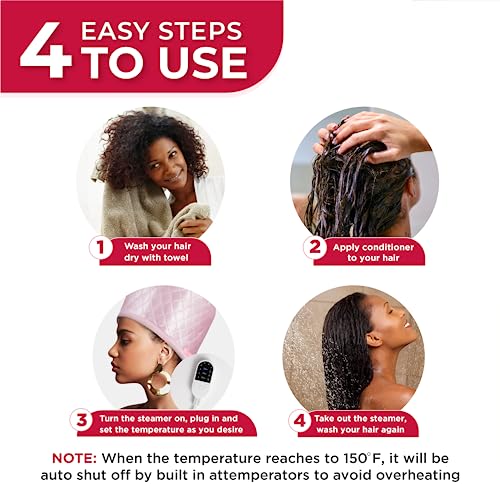 Heat Cap for Deep Conditioning w/10-level Heats Up Quickly, Hair Steamer for Deep Conditioning - Thermal Steam Cap for Natural Black Hair, Great for Deep Conditioner (Pink)