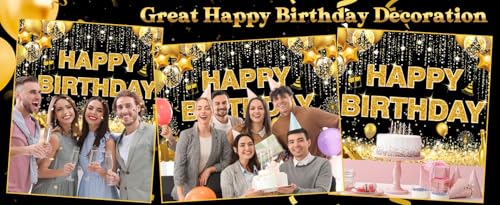 Image of DARSHANAM WORLD Birthday Decoration Backdrop Cloth Curtain (Pack of 1, Size: 5x8 Feet) Background Enhancer Poster,Happy Birthday Sign Theme-(Polyester) (Gold & Black)