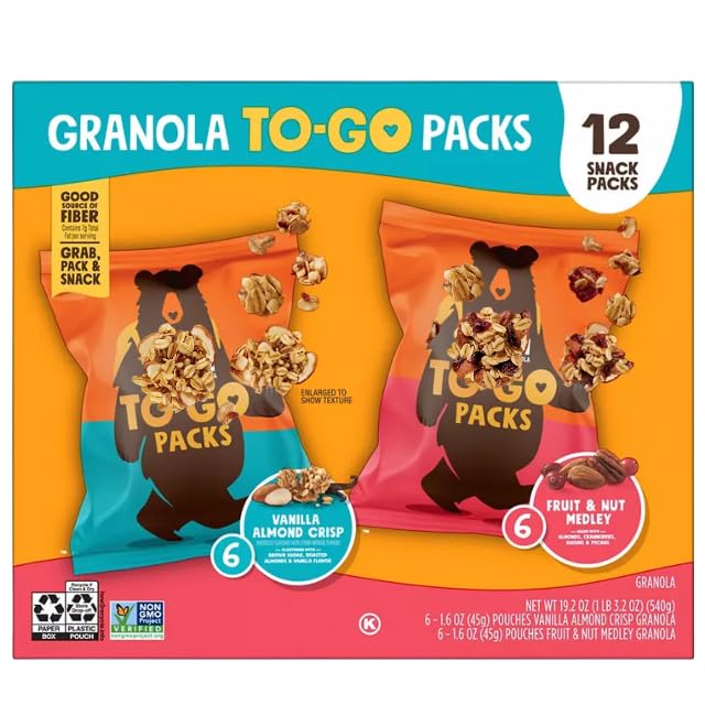Granola Variety Pack, Vanilla Almond Crisp and Fruit & Nut Medley, 12 Pouches, 1.6 oz To Go Packs (1 Pack)