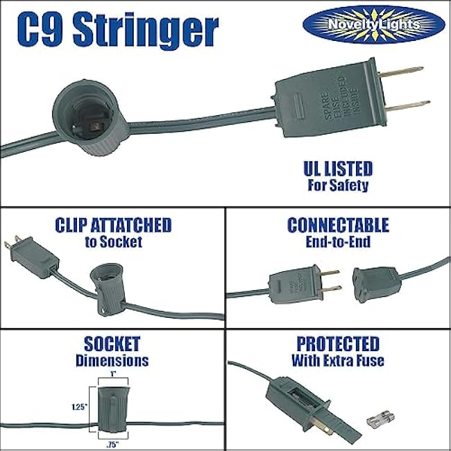 Novelty Lights 25 Foot String Light Set - Indoor/Outdoor Stringer Set for Christmas, Wedding Decor, Patios, & More - C9/E17 Intermediate Base (White Wire, 12 Spacing)