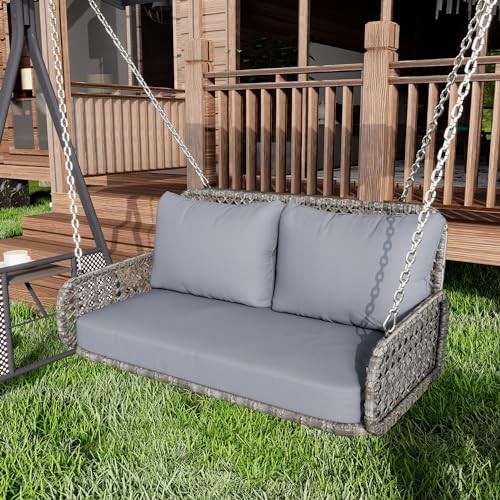 BTM Balancelle de Jardin Extérieure en Rotin PE 2 Places, Balançoire Suspendue de Jardin, avec Coussins et 2 Chaînes, Banc Suspendue sans Cadre, Charge de...