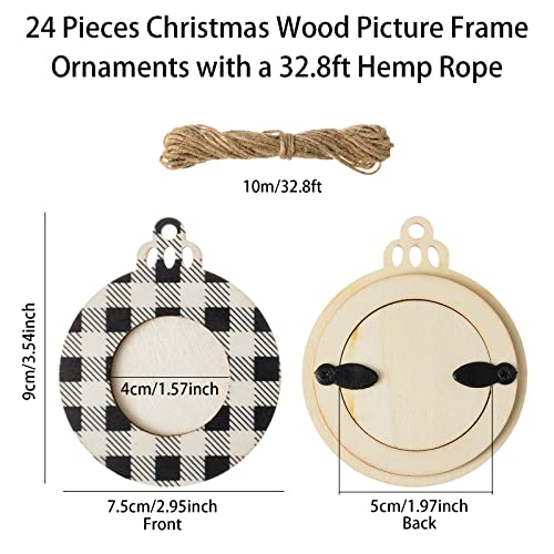 24 Pieces Wooden Christmas Picture Frame Ornaments With Twine, Buffalo Plaid Picture Frames Round Photo Frame Ornaments Xmas Family Tree Picture Frame For Xmas Holiday Party Decoration Supplies #TOP1