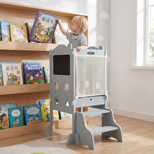 Image of Costzon Folding Toddler Step Stool with Chalkboards, 4-in-1 Standing Kitchen Tower w / 2-Step Stool, Safety Nets & Anti-Tip Feet, Wooden Toddler Tower Foldable for Boys & Girls Aged 2+ (Grey)