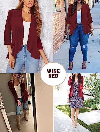 Image of Yekaty Women Cardigan 3 /4 Sleeves Open Front Lightweight Cardigan Draped Ruffles Knit Cardigan