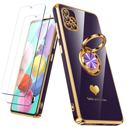 Nonional for Samsung Galaxy A51 4G Case with 2 Pack Screen Protector, 360° Rotatable Ring Holder [Luxury Hearts Pattern] Plating Gold Edge Slim Soft Phone Cover Case for Galaxy A51 - Purple