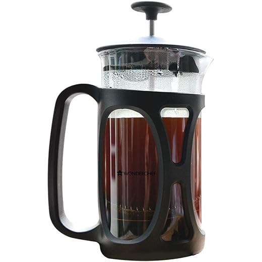Wonderchef French Press Coffee & Tea Maker 350 ml|Borosilicate Glass Carafe|4 Level Filtration System|Stainless Steel Plunger with Mesh|1-2 Cups of Coffee|Brews in Just 3 Minutes|Black|1 Year Warranty