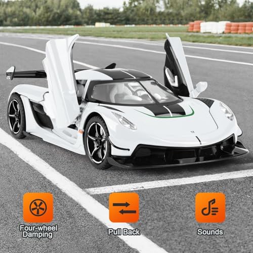 Image of 1:32 Koenigsegg Jesko Diecast Model Car, Metal Alloy Pull Back Toy Car with Openable Doors, Sound & Light, Realistic Hypercar Die Cast Scale Vehicle, Collectible Sports Car Gift for Boys