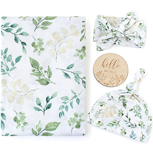 Image of LifeTree Newborn Swaddle Set with Matching Hat and Headband Bow, Wooden Birth Announcement Card, Muslin Baby Swaddle Blankets for Boys & Girls, Eucalyptus Leaves and Greenery Plants